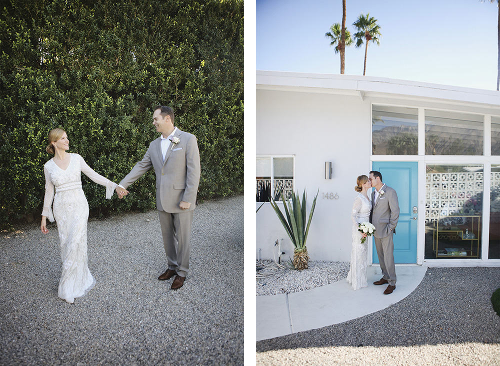 Wedding couple pose for photos at Palm Springs mid-century modern home