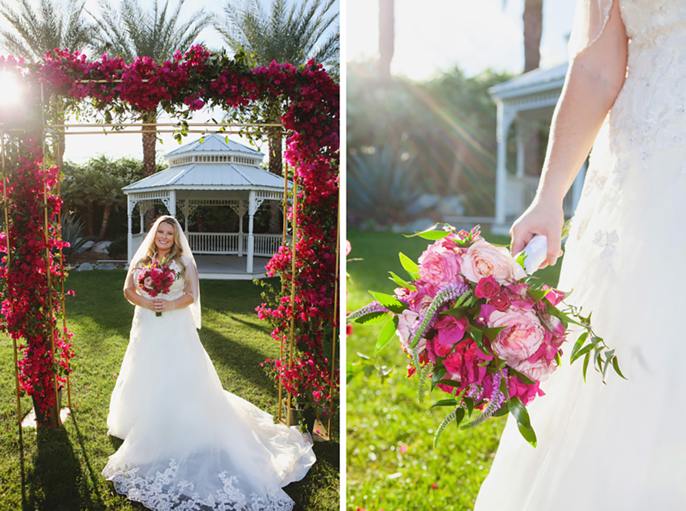 Beautiful bride poses for photos under her arch made with bougainvillea blooms