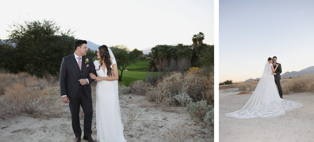 Sunset photos of a wedding couple at a golf club