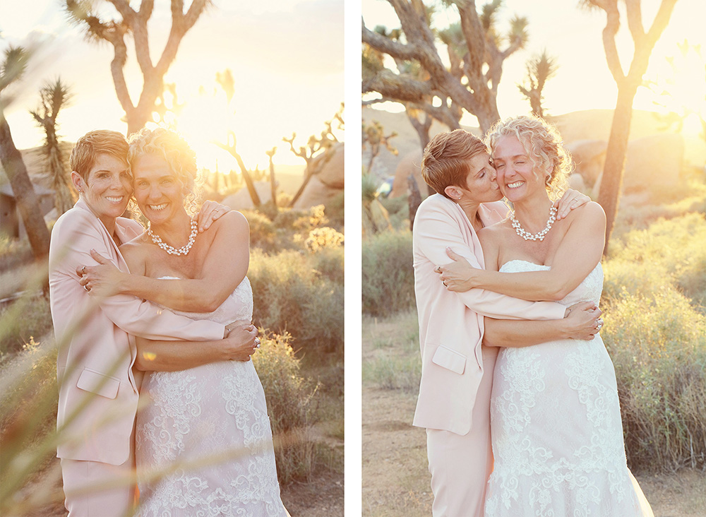 Two ladies, just married in Joshua Tree snuggle together at sunset.