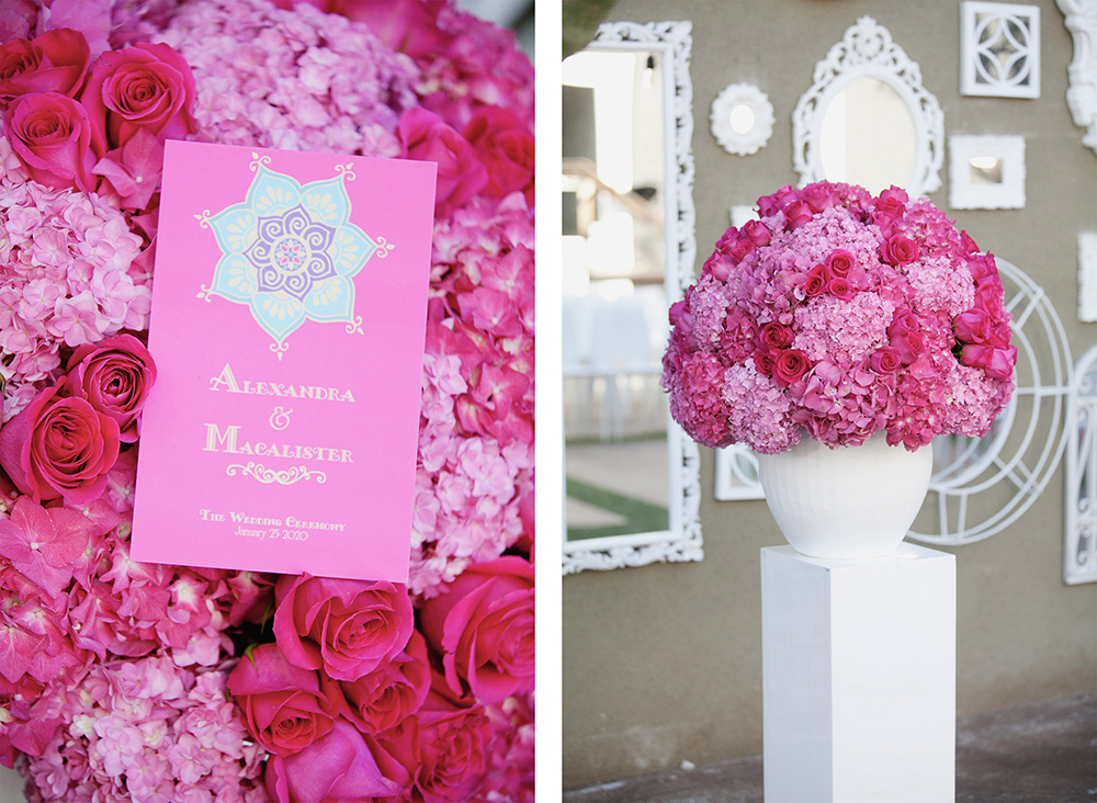 Colorful wedding details show a large floral arrangement in shades of vibrant pink