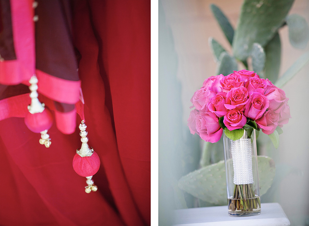 two photos showing gold and vibrant pink wedding details and flowers