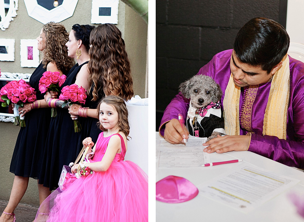 Two adorable photos of a flower girl looking at the camera and a dog wearing a tuxedo