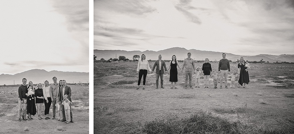 Two photos of three sets of families all together in the desert