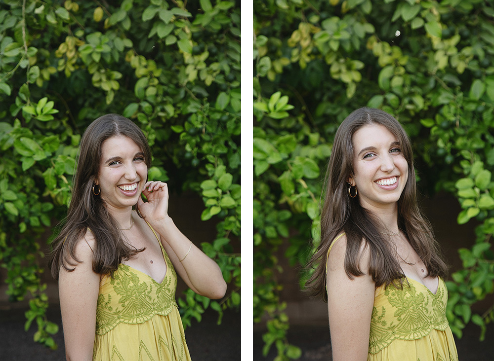 A teenage girl in a yellow sundress poses for casual photos