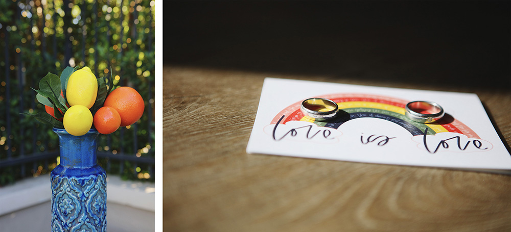 Photo 1: Arrangement of fruit in a blue and white vase.
photo 2: a card with the words "love is love" and wedding rings