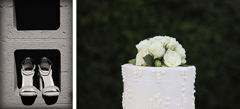 Two photos, one of a sparkly pair of high healed sandals, and the other the top of a white cake.