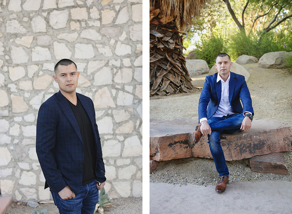 Two photographs of a serious man wearing a crisp suit photographed in a park