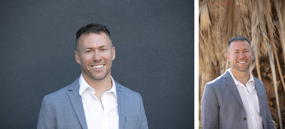 A real estate agent poses for headshots in Palm Springs