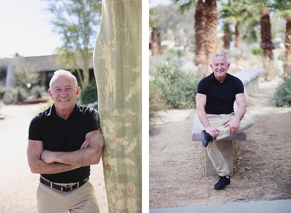 Simple clean portraits of a man in a black shirt posing in a desert park