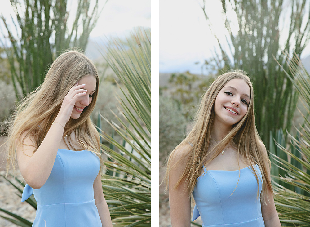 A blonde pre-teen girl in a blue dress posing for casual photos