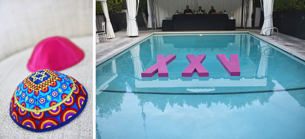 Two photos, on the left brighly colored yarmulkes and on the right three large X's float in a pool