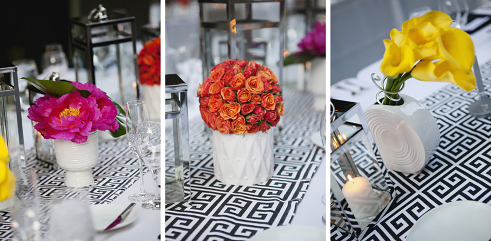 Three photos featuring vibrant wedding day centerpieces made from miniature roses in orange, pink peonies and yellow calla lillies